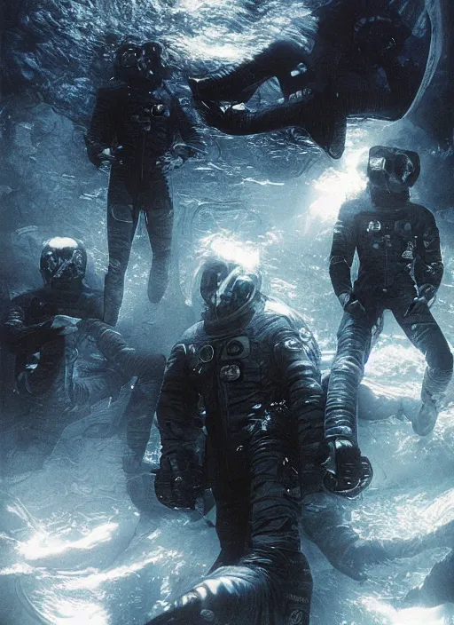 Image similar to astronauts in dark and empty void underwater - complex and hyperdetailed technical suit. reflection and dispersion materials. rays and dispersion of light. volumetric light. 5 0 mm, f / 3 2. noise film photo. flash photography. ultra realistic, wide angle. poster by wayne barlowe, hajime sorayama aaron horkey, craig mullins