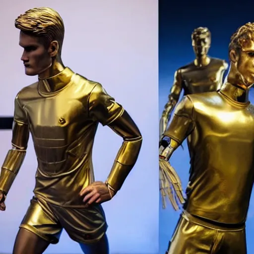 Image similar to a realistic detailed photo of a guy who is an attractive humanoid who is half robot and half humanoid, who is a male android, soccer players martin ødegaard & timo werner, shiny skin, posing like a statue, blank stare, in a living room, on display, showing off his muscles, gold soccer shorts, no jersey, statue, many copies of them