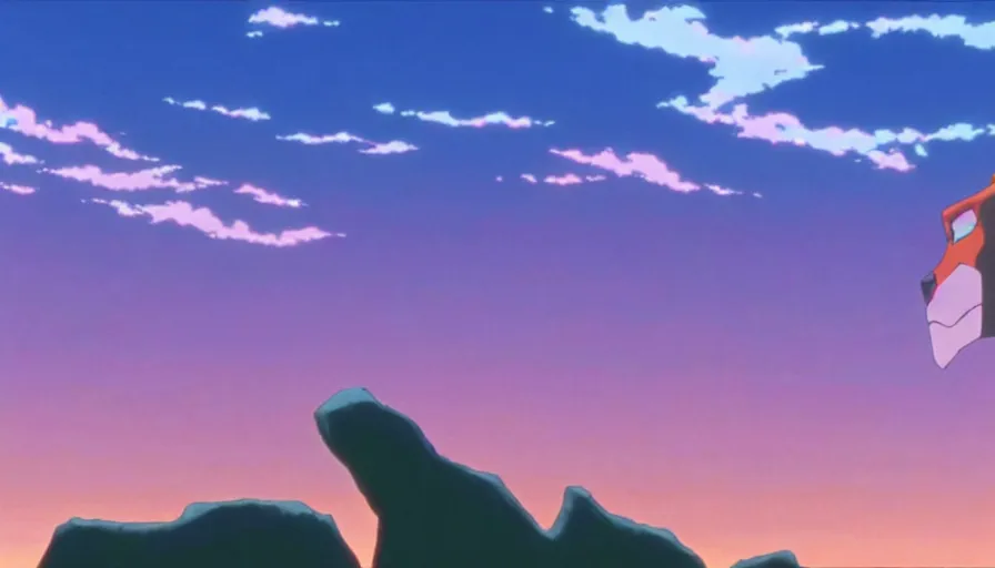 Prompt: pride rock from the lion king standing in tokyo - 3 in a long shot still from the anime neon genesis evangelion, 4 k, neon genesis evangelion official media, high quality, hideaki anno anime
