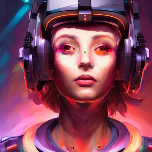Prompt: portrait of a beautiful cybernetic punk girl wearing a oculus rift headset, cyberpunk concept art by pete mohrbacher and artgerm and wlop and deathburger and syd mead, digital art, highly detailed, intricate, sci-fi, neon colors, sharp focus, Trending on Artstation HQ, deviantart, unreal engine 5, 4K UHD image