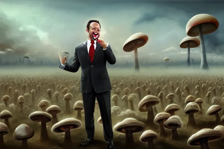 Image similar to a Comedian in suit and tie performing in a battle field with smiling dead bodies on the ground, comedian is funny, performing to dead soldiers, nuclear bomb mushroom cloud in far horizon, apocalypse, trending on artstation, artstationHD, hyperdetailed matte painting, highly detailed, digital painting, hyper-realistic, realistic, photorealistic