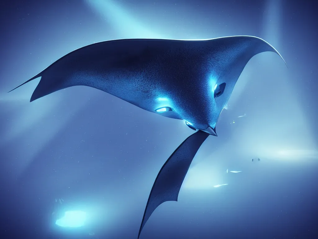 Image similar to giant manta ray in space, unreal engine 5, perspective 3 d octane render, cold blue color scheme!!!, by 8 k, light rays, lens flare, epic, hyperdetailed, trending on artstation