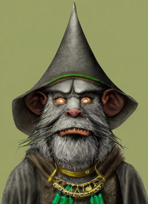 Image similar to a bearded gray humanoid rat with jewelry, green eyes, tricorne hat, green robe, D&D, digital art, realistic, trending on artstation, 4k