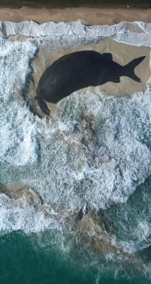 Image similar to CNN news footage taken from above. A huge creature is washed up on the beach.