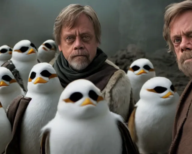 Image similar to Mark Hamill as Luke Skywalker standing with a flock of 10,100 Porgs.