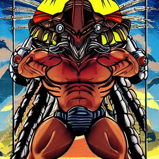 Image similar to the predator from the 1987 movie in the style of studio Ghibli, detailed