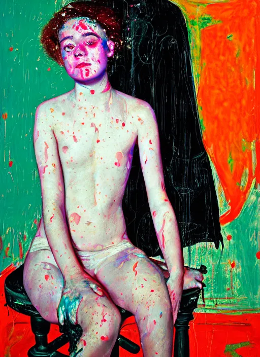 Prompt: portrait of a 1 5 year old girl cabaret actress sitting on a stool, by vincent lefevre and hernan bas and pat steir and hilma af klint, psychological, photorealistic, symmetrical face, dripping paint, washy brush, threads, rendered in octane, altermodern, masterpiece