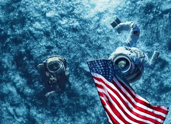 Image similar to astronaut underwater putting a flag on the sand in the bottom of the ocean. in the background, a spherical submarine is visible. dark, concept art, cinematic, dramatic, atmospheric, 8 k, trending on artstation, zack snyder