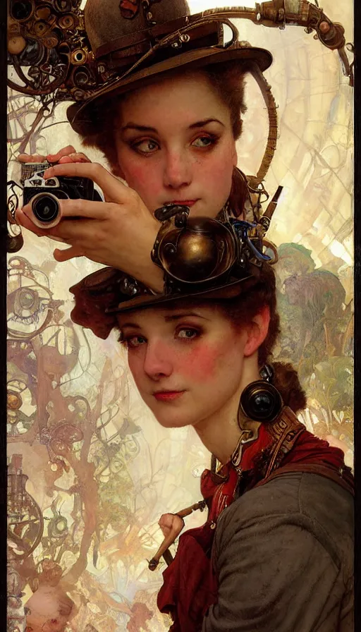 Image similar to hyper realistic photographer looking through camera towards viewer, magical, steampunk, painted by james gurney, norman rockwell, tom bagshaw, mucha, gaston bussiere, craig mullins, j. c. leyendecker 8 k