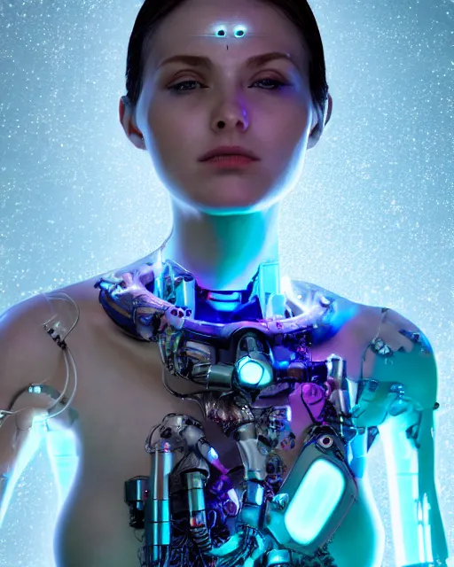 Prompt: photo of dreamy female as a solarpunk cyborg with fluorescent lamps around face, robotic body parts around neck and shoulders, real human face with clean skin, under a shower, ultra - realistic and detailed, long exposure, soft focus hdr 8 k