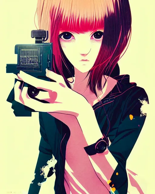 Image similar to girl holding flashbang, detailed manga illustration!! intricate details, beautiful perfect face, perfect body, aesthetically pleasing pastel colors, poster background, aesthetic details, art by conrad roset and ilya kuvshinov