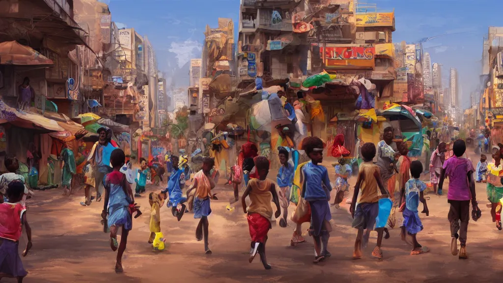 Image similar to street in a big african city, kids playing, summer, david febland, artstation, matte painting