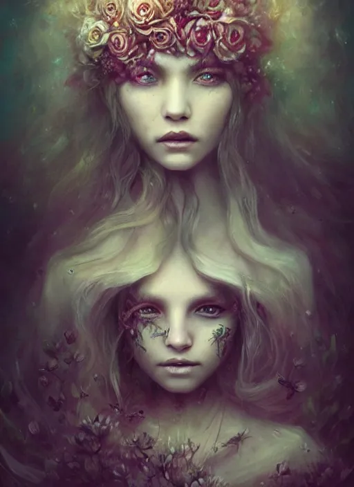 Image similar to a gorgeous flower princess portrait by Seb McKinnon and WLOP, artgerm , ultra realistic, mystical, ominous, cgsociety