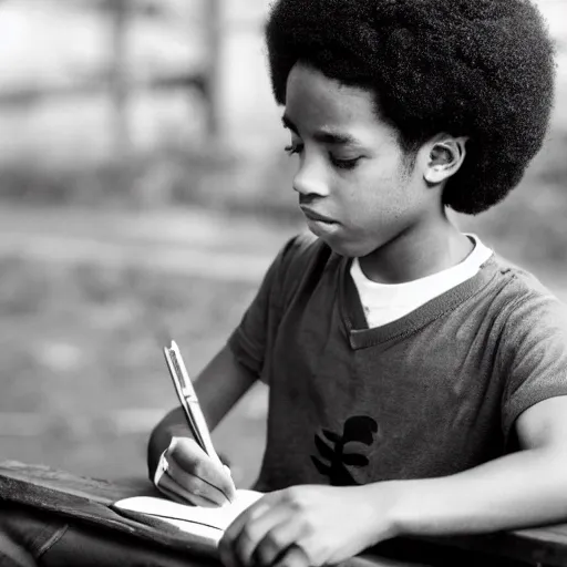 Prompt: a black boy with an afro hairstyle sits at the bench and writes something in a copybook with a pencil, the 9 0 s, garlem, black and white photography