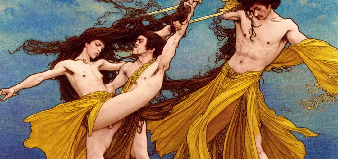 Image similar to a dual wielding golden swordsman leans back as he dances elegantly in the wind, his robes and long hair flowing in the breeze, his enemies lying on the ground below, fantasy, Mucha, MTG, Game of Thrones, salsa dancing, Rossetti, Millais, anatomically correct