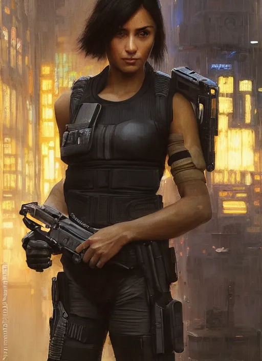 Prompt: 🤸🏿♀. cyberpunk police trooper in a military vest ( blade runner 2 0 4 9, cyberpunk 2 0 7 7 ). orientalist portrait by john william waterhouse and james gurney and theodore ralli and nasreddine dinet, oil on canvas. cinematic, hyper realism, realistic proportions, dramatic lighting, high detail 4 k