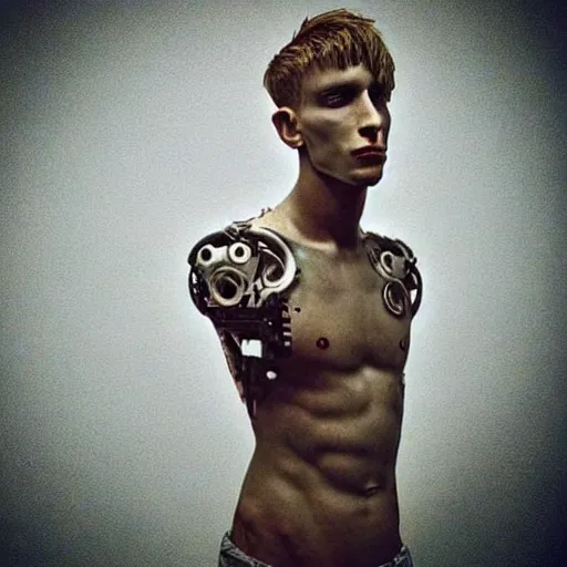 Image similar to “a realistic detailed photo of a guy who is an attractive humanoid who is half robot and half humanoid, who is a male android, rapper Machine Gun Kelly, shiny skin, posing like a statue, blank stare”