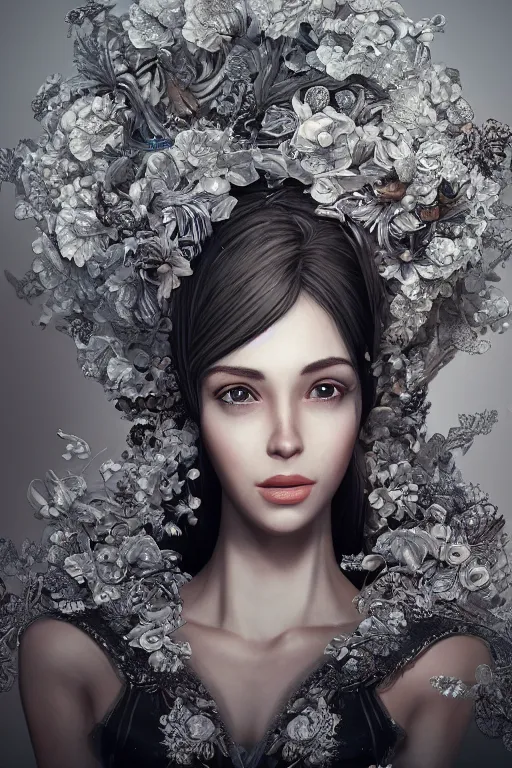 Prompt: an elegant woman in her 30s, alone in the white background, hypermaximalistic, high details, cinematic, 8k resolution, beautiful detailed, insanely intricate details, artstation trending, octane render, unreal engine