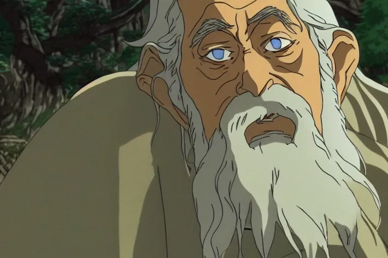 Image similar to gandalf in the anime lord of the rings by studio ghibli, movie still frame, very detailed, artwork by hayao miyazaki, kentaro miura, satoshi kon, high quality, sharp image, high resolution, hd, 7 2 0 p, 4 k