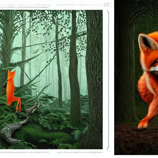 Image similar to a red fox and a ginger teen girl at dark forest where trees are huge, ultra realistic by ori toor and escher