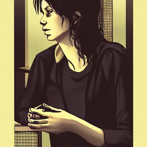 Image similar to death from the'the sandman'waiting for a friend at a cafe, realistic, soft lighting, cute, kindness