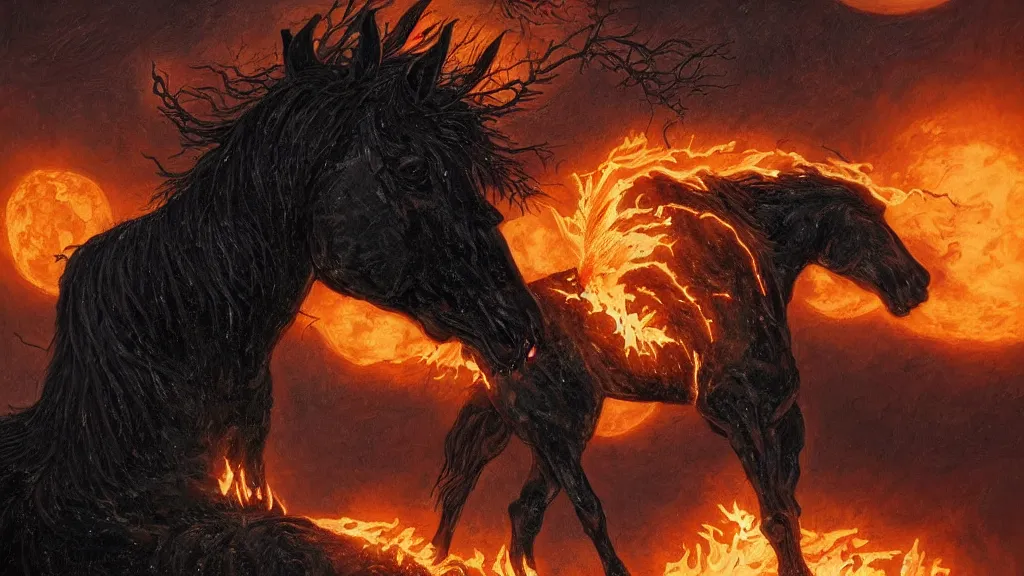 Image similar to rampant ( ( black horse ) ) with fiery eyes, a headless!!! colonial rider!!!! holds a ( jack - o - lantern ), background gnarled trees and large supermoon, in the styles of greg rutkowski, keith parkinson, and john quidor, intricate, detailed, volumetric lighting