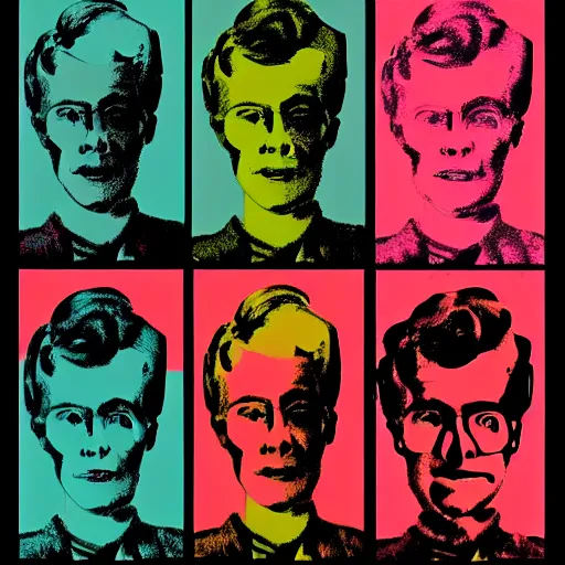 Image similar to silkscreen and lithography to create colorful cyborgs in the style of andy warhol