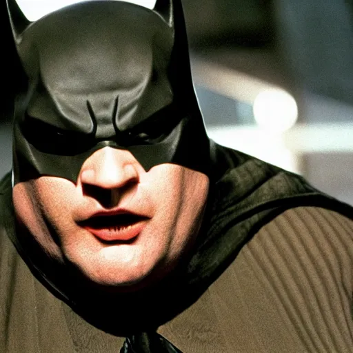 Prompt: chris farley as batman, tim burton batman movie, movie still