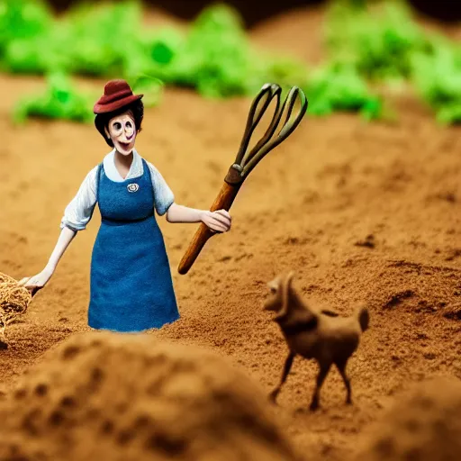 Prompt: a cinematic film still of a claymation stop motion film starring anne hathaway as female farmer with pitchfork, shallow depth of field, 8 0 mm, f 1. 8