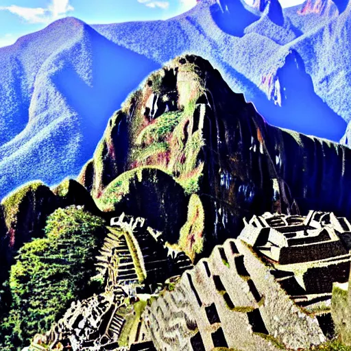 Image similar to an ancient Aztec strategic bomber flies low over Maccu Picchu, realistic digital photo, South American mountains, aircraft made of stone