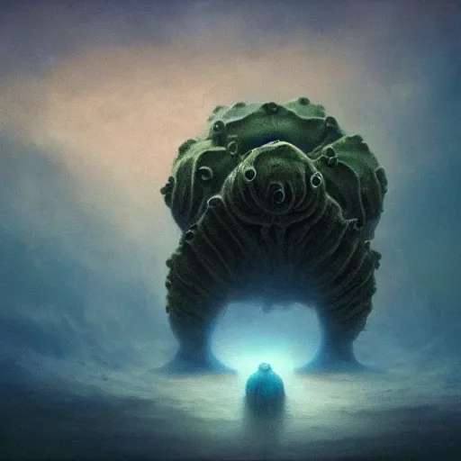 Image similar to fractal 4 th dimensional tardigrade!!! terror and horror painting tardigrade!!! descending onto an apocalyptic earth, by greg rutkowski and studio ghibli, inspired by zdzisław beksinski, cinematic, atmospheric, dramatic colors, dawn.