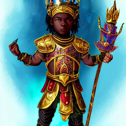 Prompt: a young black boy dressed like an african moorish warrior, wearing golden armor and a crown with a ruby and a black diamond in his forehead, posing with a very ornate glowing electric spear!!!!!!!!, for honor character digital illustration portrait design, by android jones in a psychedelic fantasy style, dramatic lighting, hero pose, wide angle dynamic portrait