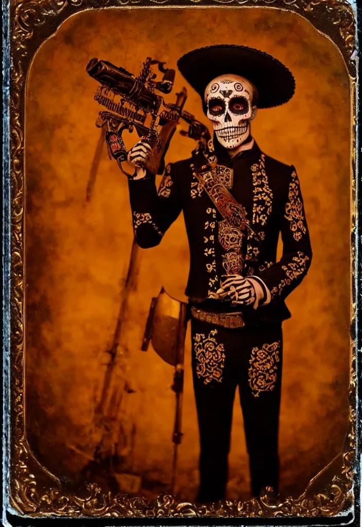 Image similar to tintype full body view, man in mariachi dia de muertos suit and make up, horrific beautiful vibe, evocative, atmospheric lighting, painted, intricate, highly detailed,