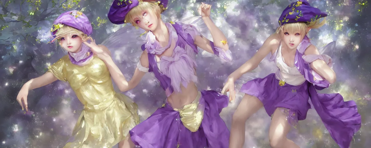 Image similar to Full View of a mysterious kpop fairy maidens with short blond hair wearing an oversized purple Beret, Baggy Purple overall shorts, Short Puffy pants made of silk, silk shoes, a big billowy scarf, Golden Ribbons, white leggings Covered in stars. Short Hair. peasant magic. masterpiece 4k digital illustration by Ruan Jia and Mandy Jurgens and Artgerm and william-adolphe bouguereau, award winning, Artstation, art nouveau aesthetic, Alphonse Mucha background, intricate details, realistic, panoramic view, Hyperdetailed, 8k resolution, intricate art nouveau, smooth, sharp focus