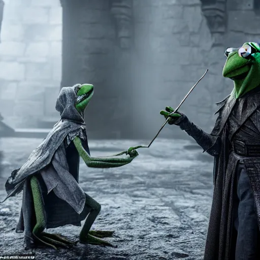 Image similar to first shot of kermit the frog fighting the night king in game of thrones, ( eos 5 ds r, iso 1 0 0, f / 8, 1 / 1 2 5, 8 4 mm, postprocessed, crisp face, facial features )