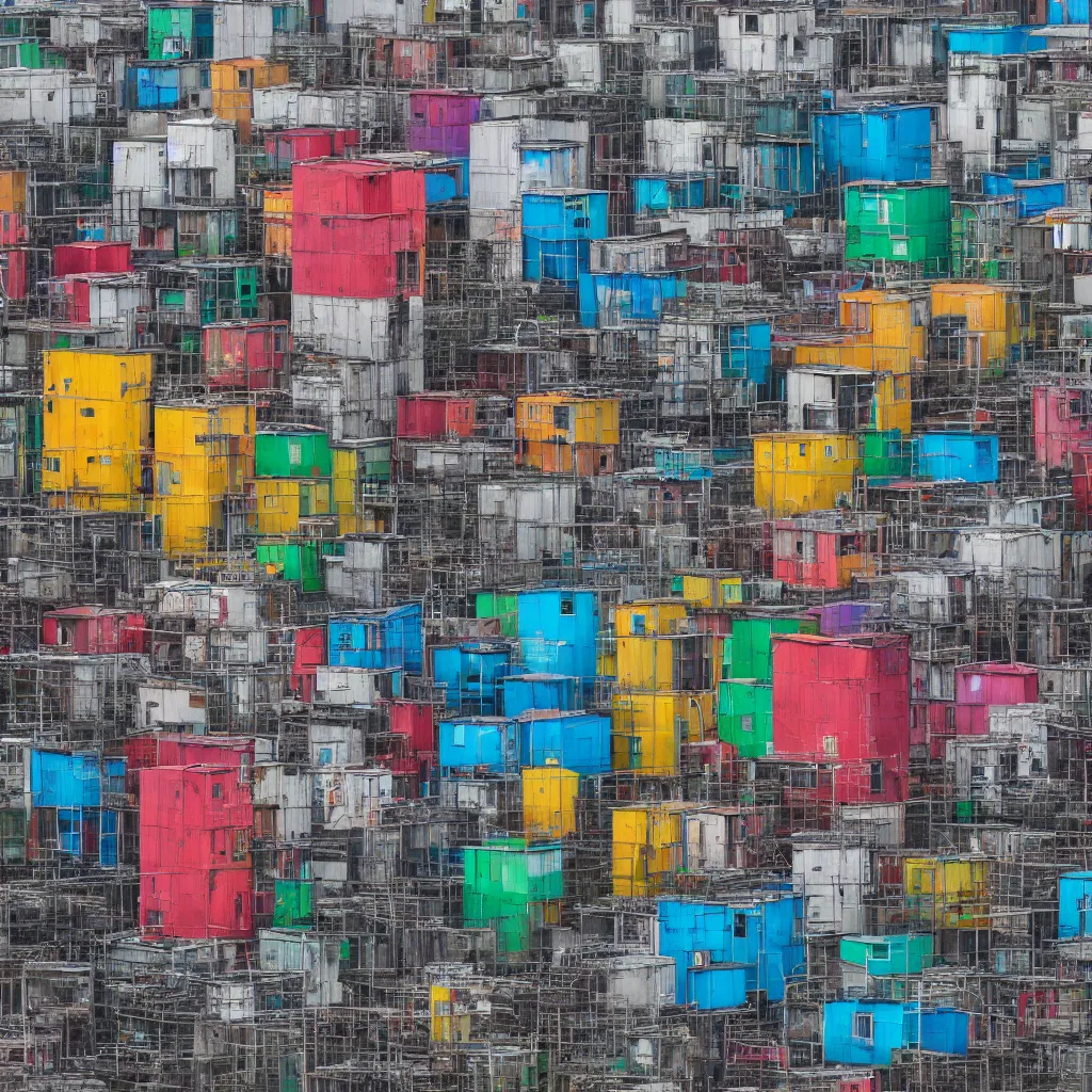 Prompt: two towers, made up of colourful makeshift squatter shacks, large vertical blank spaces, dystopia, sony a 7 r 3, f 1 1, fully frontal view, photographed by jeanette hagglund