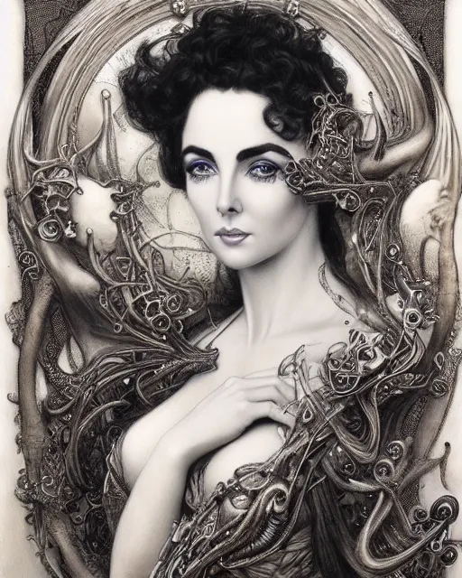 Image similar to in the style of beautiful elizabeth taylor, steampunk, detailed and intricate by jean delville, gustave dore and marco mazzoni, art nouveau, visionary, gothic, pre - raphaelite