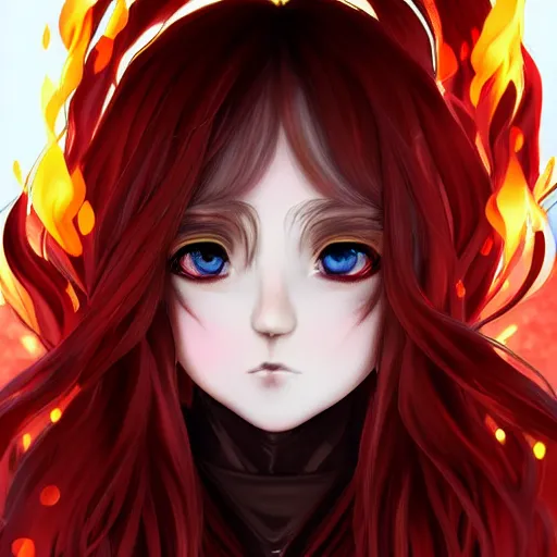 Image similar to advanced digital portrait painting photograph, a teenage anime girl wearing a dress made of fire , full body, very long black and red hair, eye color like magma , full round face, seductive stare, cinematic lighting, medium shot, MCU, highly detailed, trending on artstation, CSP, Photoshop, Stanley Artgerm Lau, WLOP, Rossdraws, James Jean, Andrei Riabovitchev, Marc Simonetti, and Sakimichan