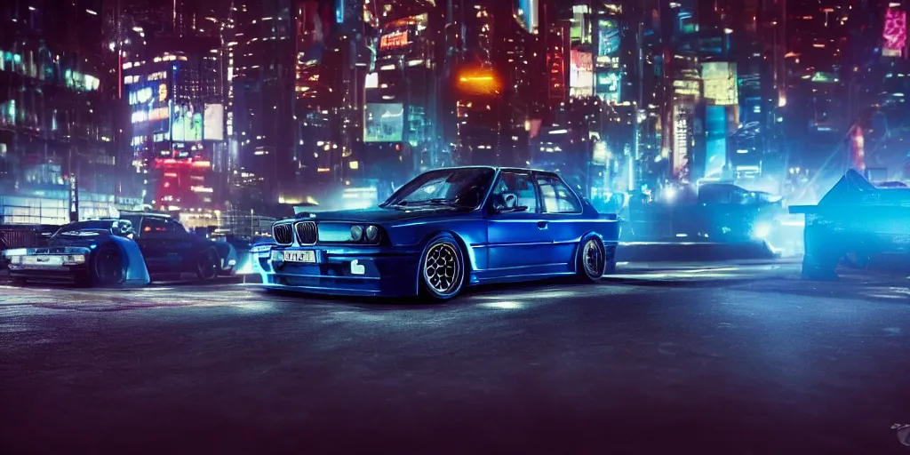 Prompt: car meet of Dark bright blue BMW e30 Cyberpunk night city street. octane render, cinematic, vibrant colors, hyper realism, depth of view 8k.