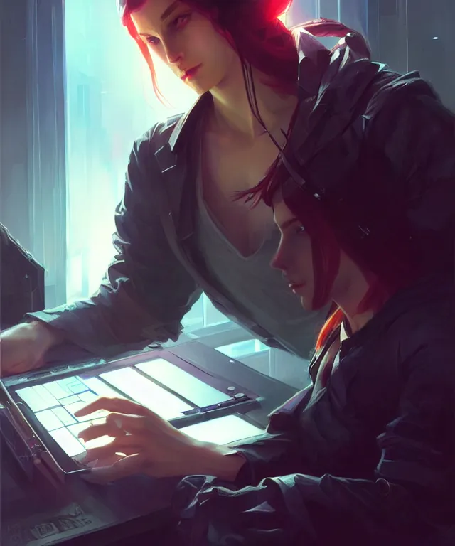 Image similar to Hacker hacks computer, highly detailed, digital painting, artstation, concept art, smooth, sharp focus, illustration, art by artgerm and greg rutkowski and alphonse mucha