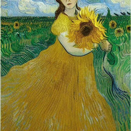 Prompt: a girl in amazing tall sunflower field, her hair flowing down, subtle, intricate details, real masterpiece, oil on canvas, by vincent van gogh