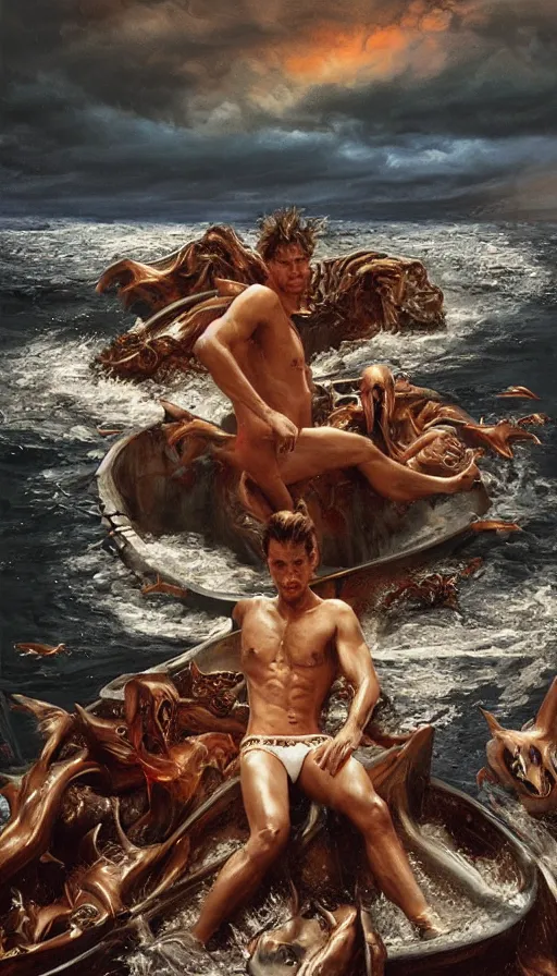 Image similar to man on boat crossing a body of water in hell with creatures in the water, sea of souls, by rob hefferan