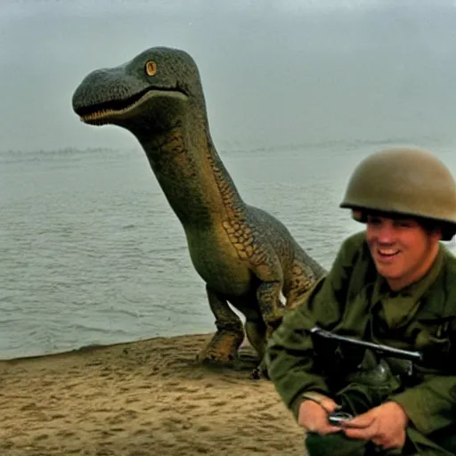 Prompt: award winning photograph of barnie the dinosaur at d - day, colorized