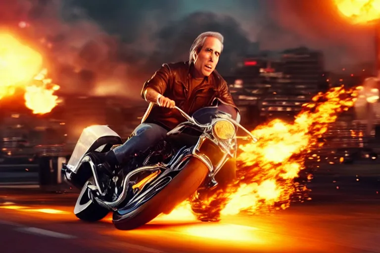 Prompt: henry winkler without a helmet, close up, racing a motorcycle in the fast and the furious movie, explosions, octane render, 4 k, hyper realistic, cinematic lighting