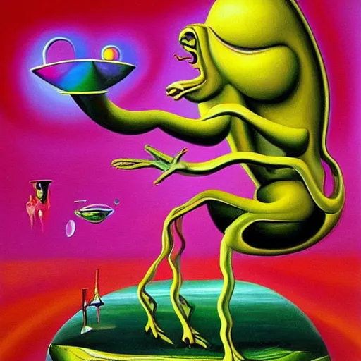 Image similar to a very very extremely high quality hd surrealism acrylic painting of a 3d galactic neon complimentary colored cartoon surrealism melting creature by kandsky and salvia dali the 1024th, salvador dali's much much much much more talented painter cousin, 4k, ultra realistic