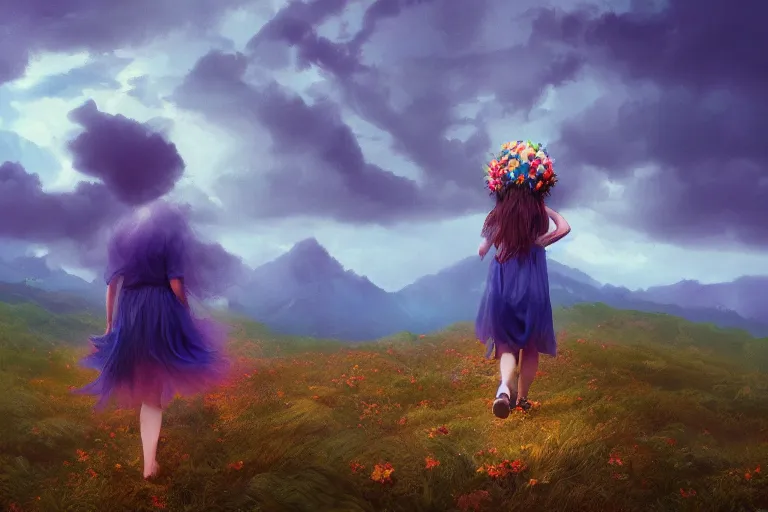 Image similar to giant dahlia flower crown under head, girl walking on mountain, surreal photography, blue storm clouds, dramatic light, impressionist painting, digital painting, artstation, simon stalenhag