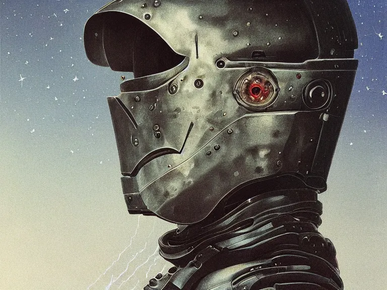 Prompt: a detailed profile painting of a bounty hunter in armour and visor, cinematic sci-fi poster. Cloth and metal. Welding, fire, flames, samurai Flight suit, accurate anatomy portrait symmetrical and science fiction theme with lightning, aurora lighting clouds and stars. Clean and minimal design by beksinski carl spitzweg giger and tuomas korpi. baroque elements. baroque element. intricate artwork by caravaggio. Oil painting. Trending on artstation. 8k