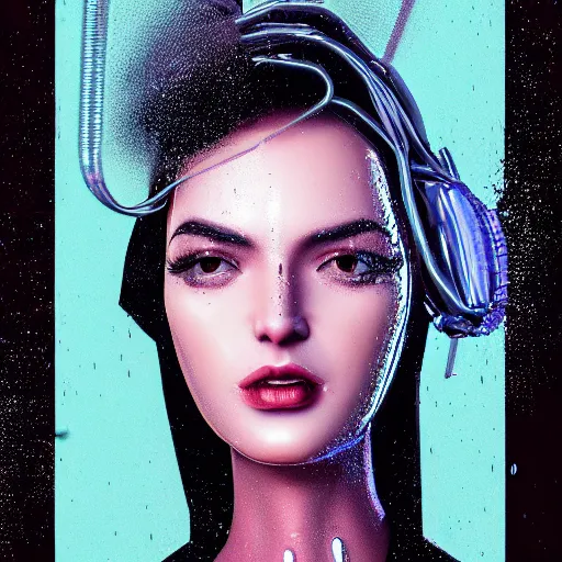 Image similar to stylish woman cartoon portrait made out of rain, pinstripe suit, wearing a shiny metal crown, cyberpunk background, rendered in octane, unreal engine, highly detailed, trending on artstation, realistic, neon, beautiful