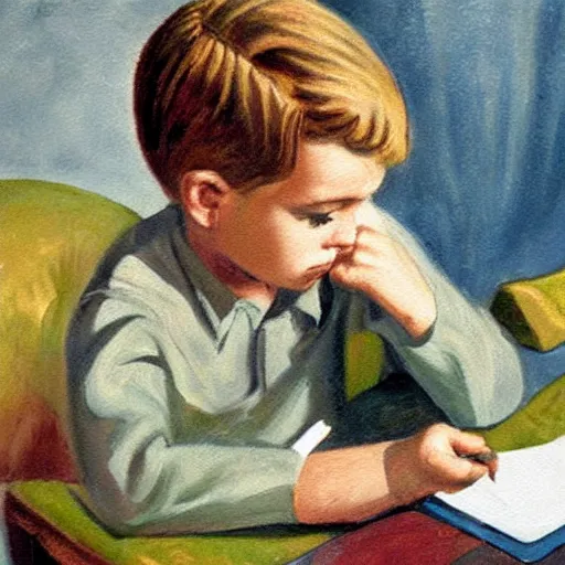 Image similar to 1950 painting of a boy writing a letter