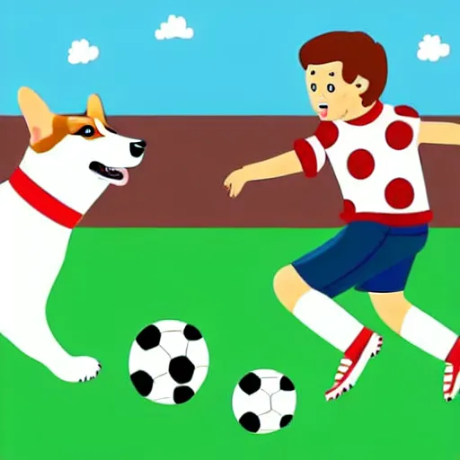 Image similar to illustration of french boy in paris playing football against a corgi who is wearing a polka dot scarf